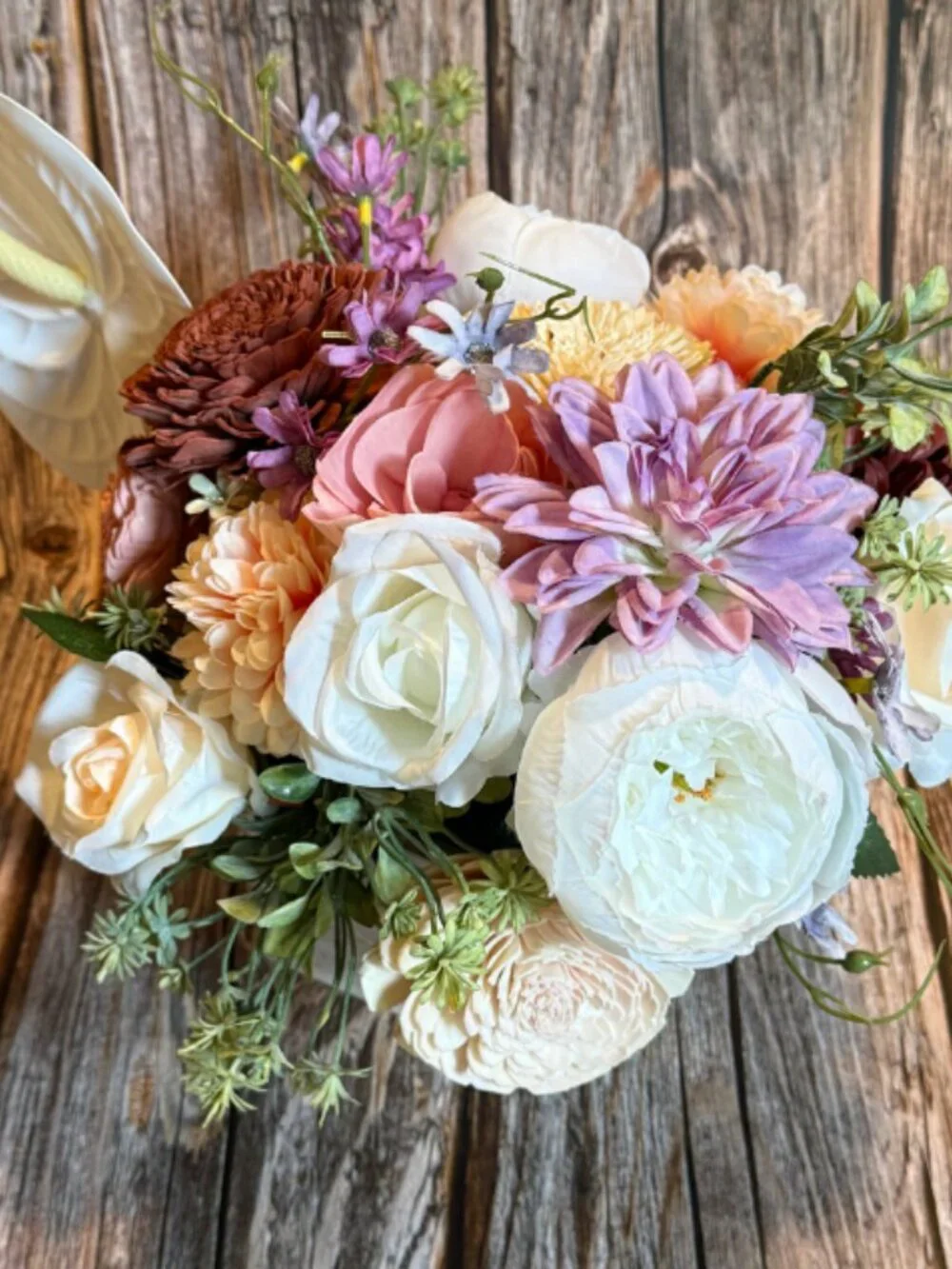 Rustic Burgundy Sola Wood Floral Arrangement in wooden box farmhouse home decor